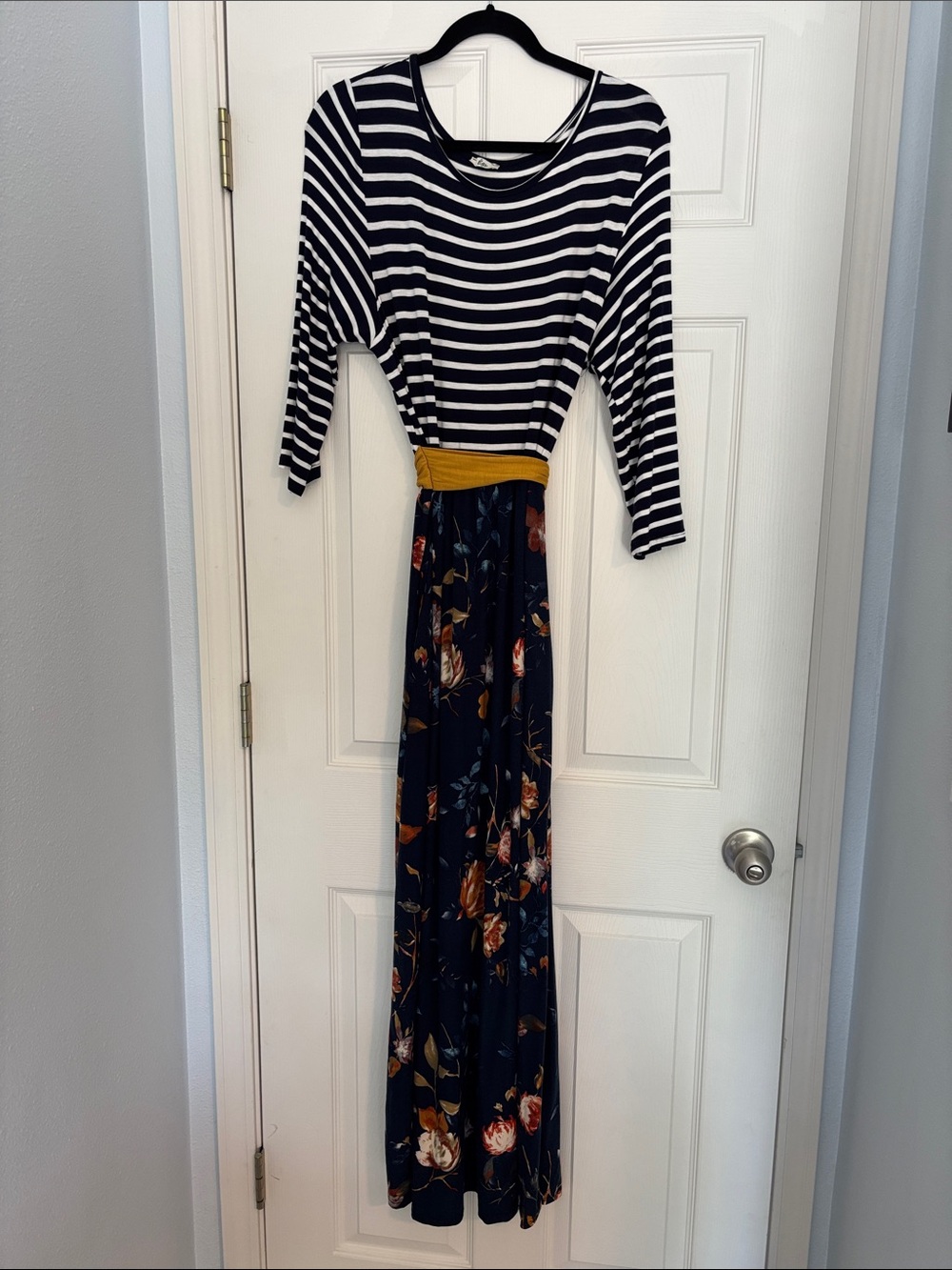 Striped Navy and White Floral Maxi Dress with Mustard Waist, has pockets!
